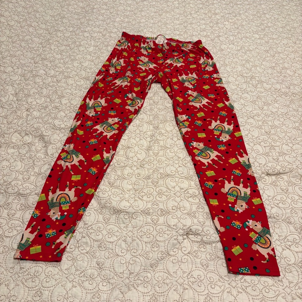 No Comment Women’s Red Lama Christmas Holiday Themed Patterned Leggings Size 1X